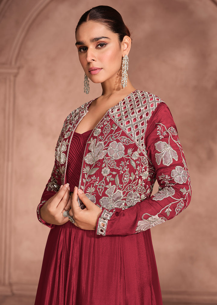 Buy Now Red Shrug Style Designer Lehenga Choli Online in US, UK, Canada, France, Italy, Germany, Austria, Singapore, Denmark, UAE & Worldwide at Empress.