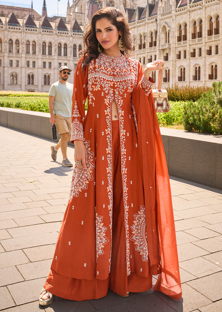 Buy Now Sunset Orange Long Top Style Party Style Palazzo Suit Suit Online in US, UK, Canada, Germany, Italy, France, Austria & Worldwide at Empress Clothing.