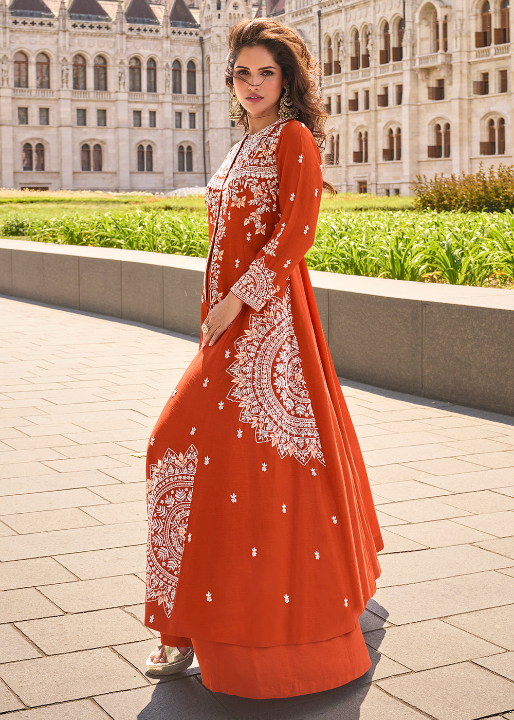 Buy Now Sunset Orange Long Top Style Party Style Palazzo Suit Suit Online in US, UK, Canada, Germany, Italy, France, Austria & Worldwide at Empress Clothing.