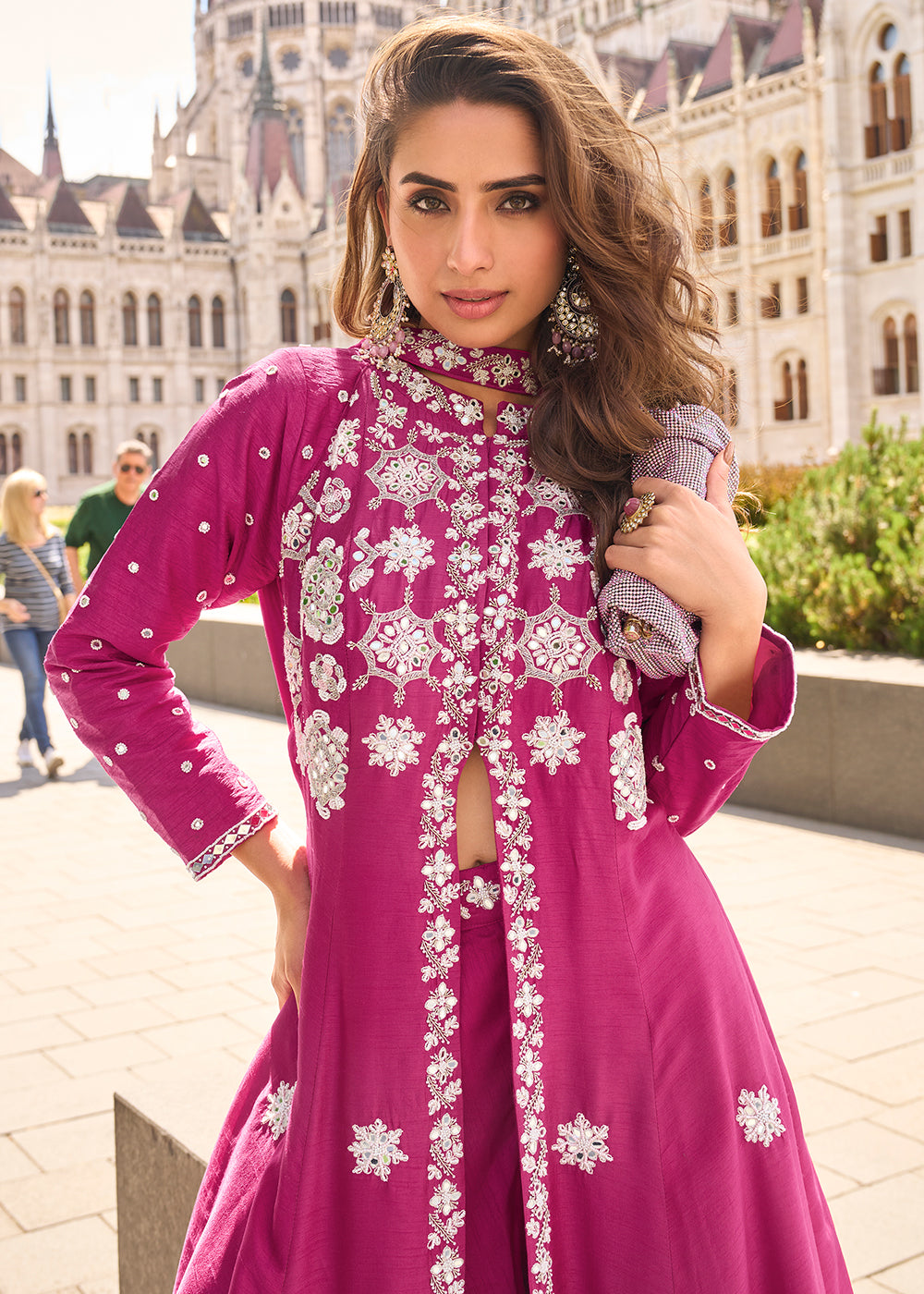 Buy Now Rani Pink Long Top Style Party Style Palazzo Suit Suit Online in US, UK, Canada, Germany, Italy, France, Austria, UAE & Worldwide at Empress Clothing.