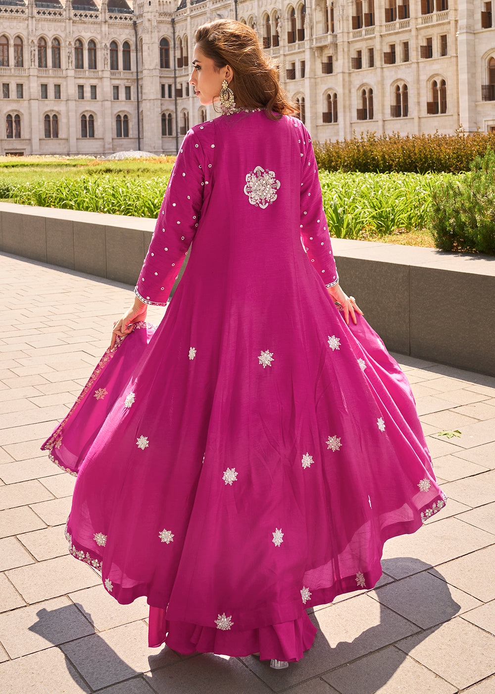 Buy Now Rani Pink Long Top Style Party Style Palazzo Suit Suit Online in US, UK, Canada, Germany, Italy, France, Austria, UAE & Worldwide at Empress Clothing.