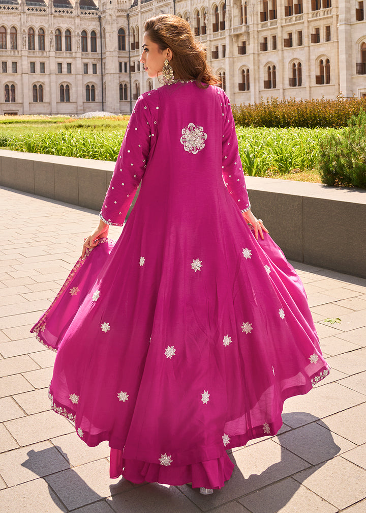Buy Now Rani Pink Long Top Style Party Style Palazzo Suit Suit Online in US, UK, Canada, Germany, Italy, France, Austria, UAE & Worldwide at Empress Clothing.