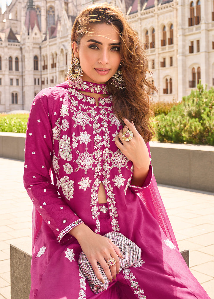 Buy Now Rani Pink Long Top Style Party Style Palazzo Suit Suit Online in US, UK, Canada, Germany, Italy, France, Austria, UAE & Worldwide at Empress Clothing.