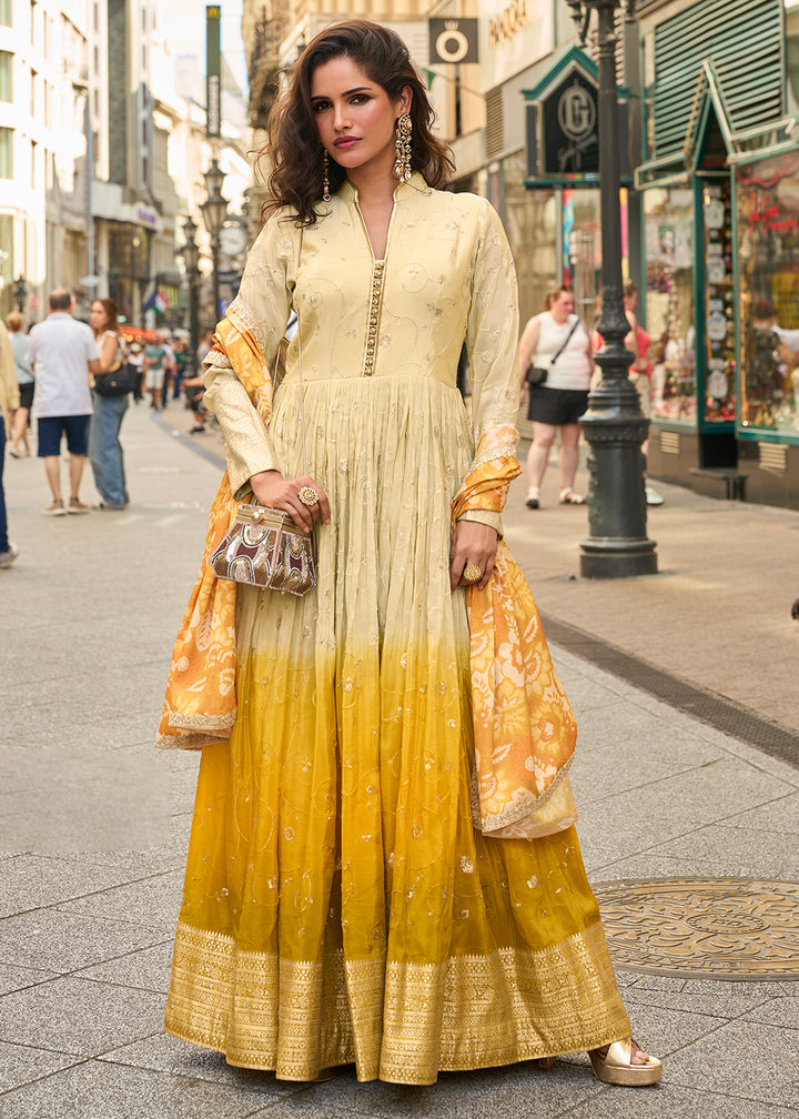 Buy Now Wedding Wear Yellow & Cream Heavy Anarkali Gown Online in US, UK, Canada, France, Italy, Sweden, Ireland, UAE, Denmark, Greece & Worldwide at Empress.