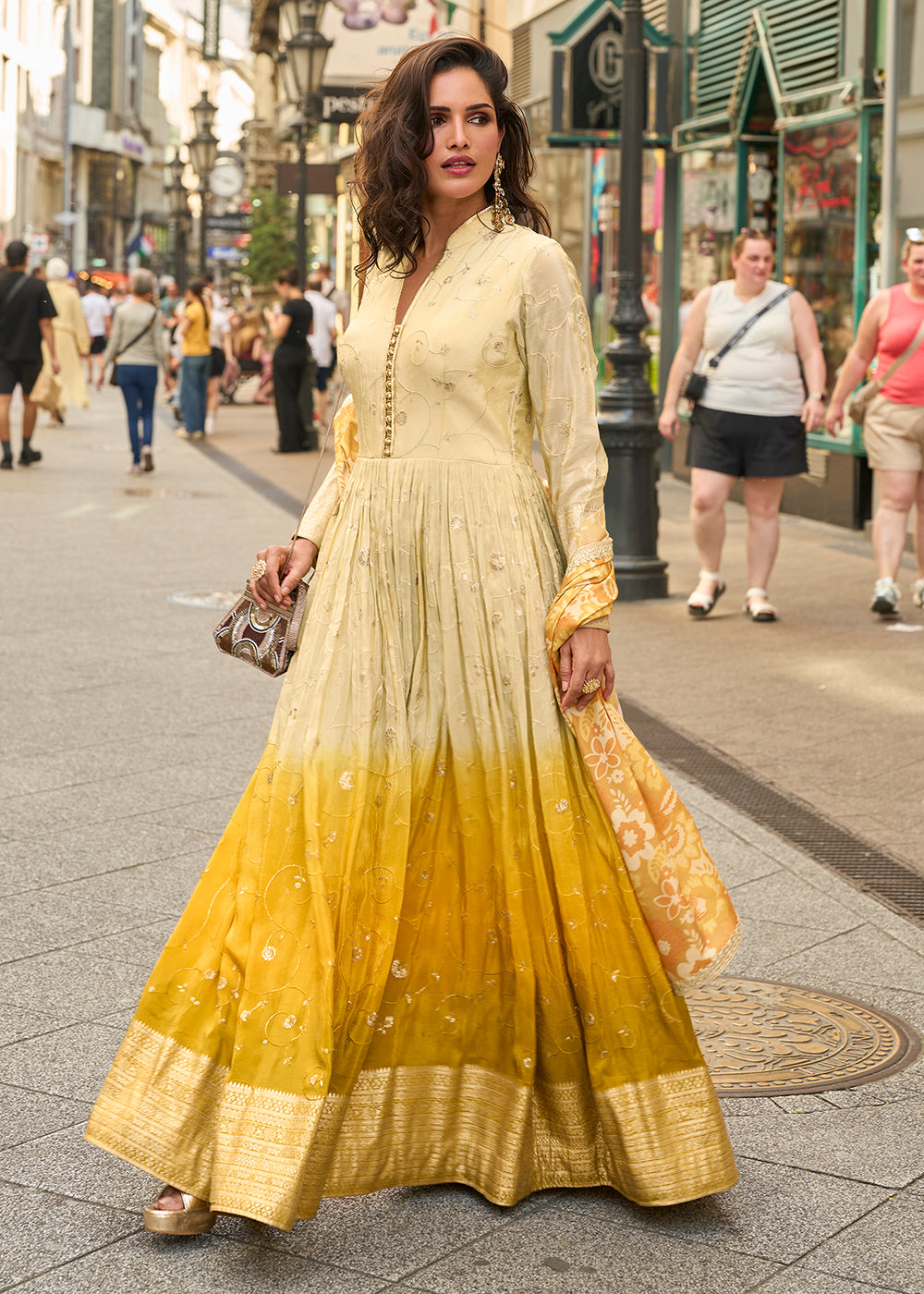 Buy Now Wedding Wear Yellow & Cream Heavy Anarkali Gown Online in US, UK, Canada, France, Italy, Sweden, Ireland, UAE, Denmark, Greece & Worldwide at Empress.