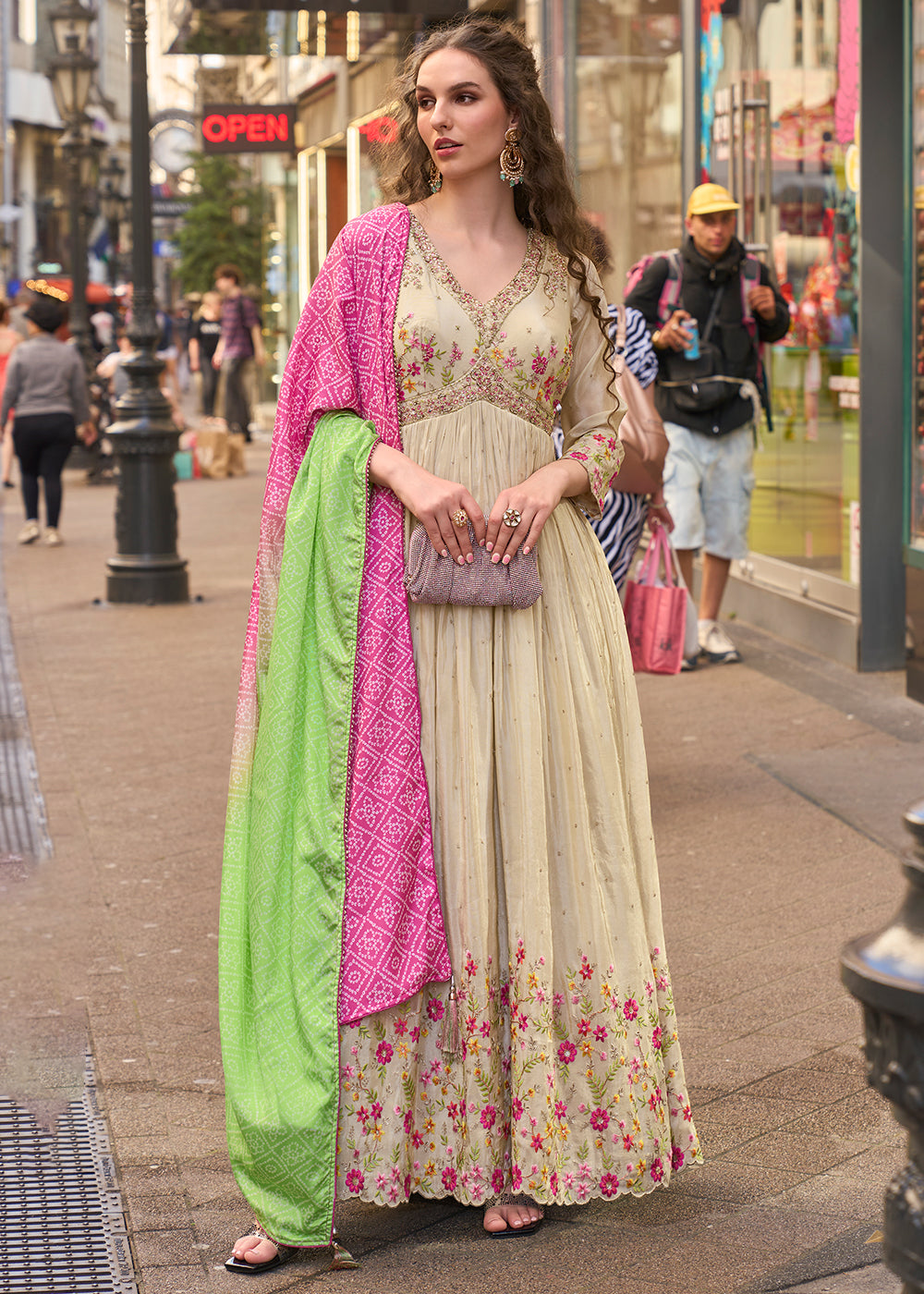 Buy Now Wedding Wear Lovely Cream Heavy Anarkali Gown Online in US, UK, Canada, France, Italy, Sweden, Ireland, UAE, Denmark, Greece & Worldwide at Empress.