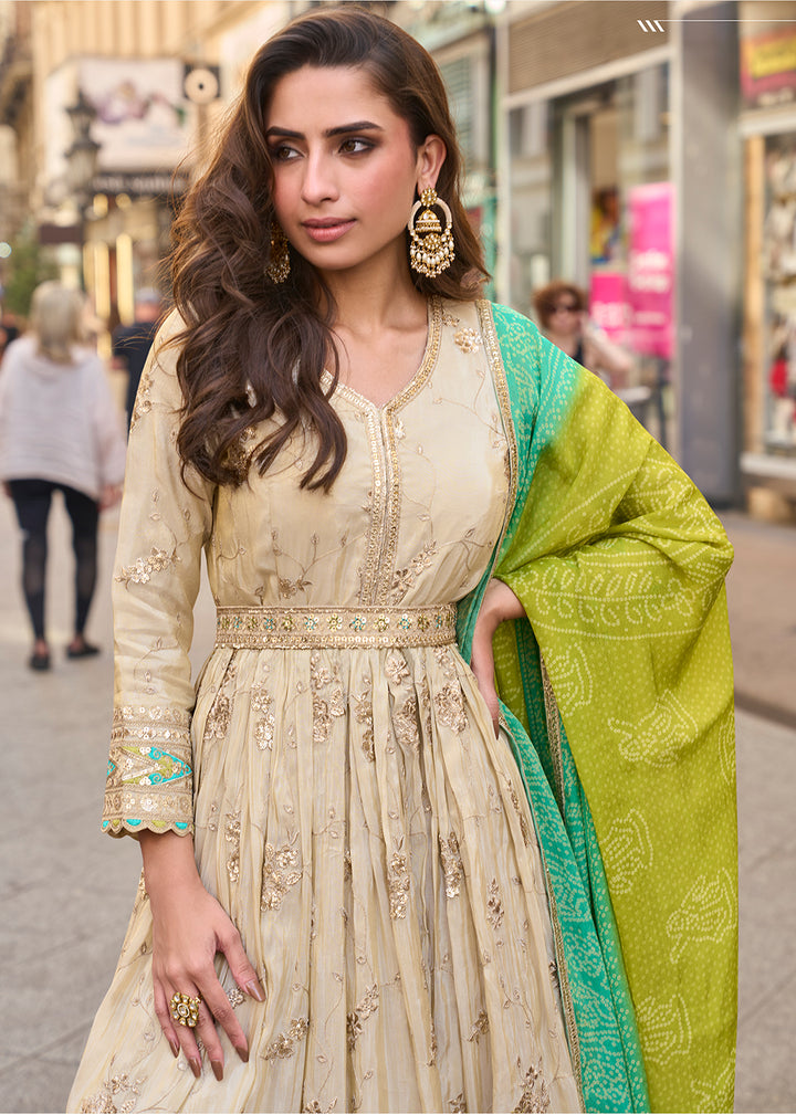 Buy Now Wedding Wear Awesome Cream Heavy Anarkali Gown Online in US, UK, Canada, France, Italy, Sweden, Ireland, UAE, Denmark, Greece & Worldwide at Empress.