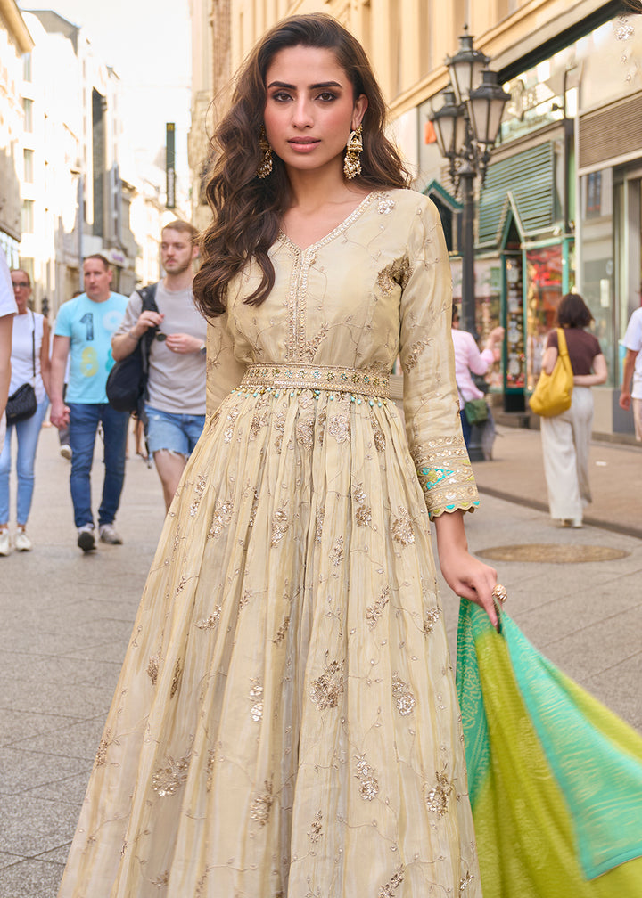 Buy Now Wedding Wear Awesome Cream Heavy Anarkali Gown Online in US, UK, Canada, France, Italy, Sweden, Ireland, UAE, Denmark, Greece & Worldwide at Empress.