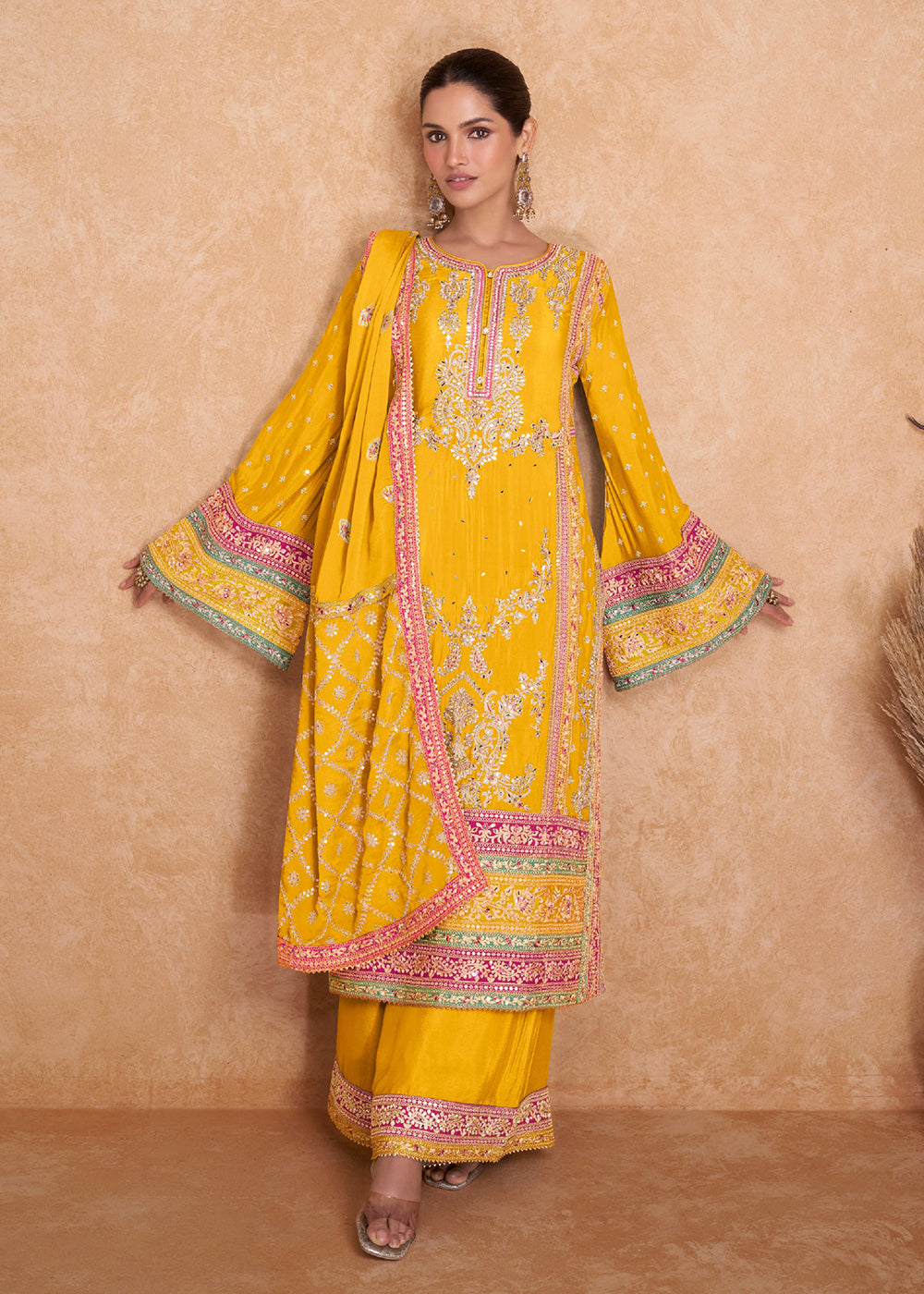 Buy Now Fancy Bright Yellow Chinnon Embroidered Designer Palazzo Suit Online in USA, UK, Canada, Germany, Australia & Worldwide at Empress Clothing.