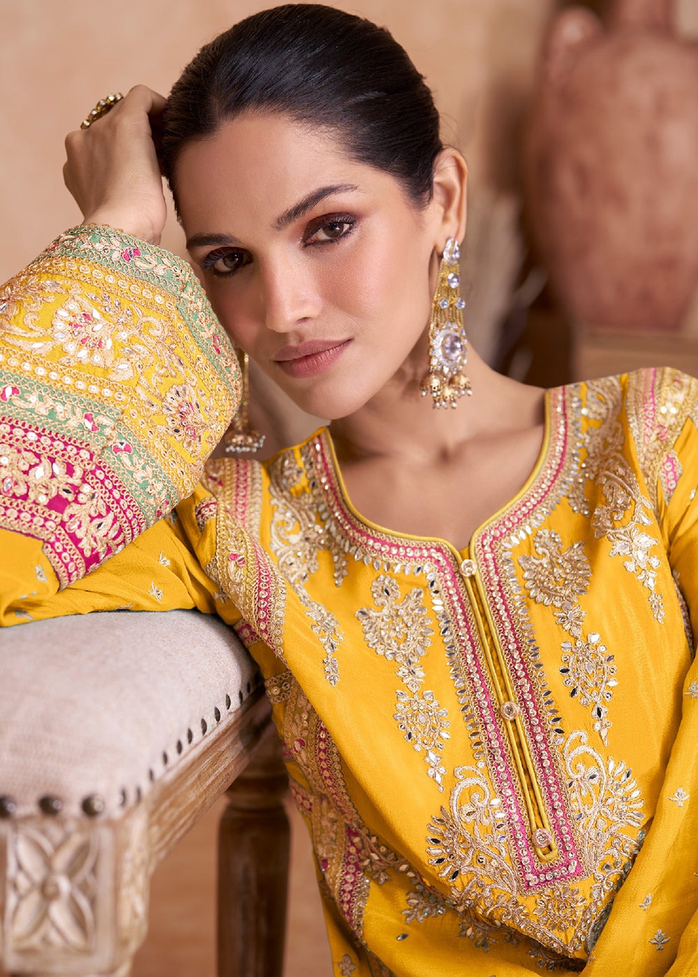 Buy Now Fancy Bright Yellow Chinnon Embroidered Designer Palazzo Suit Online in USA, UK, Canada, Germany, Australia & Worldwide at Empress Clothing.