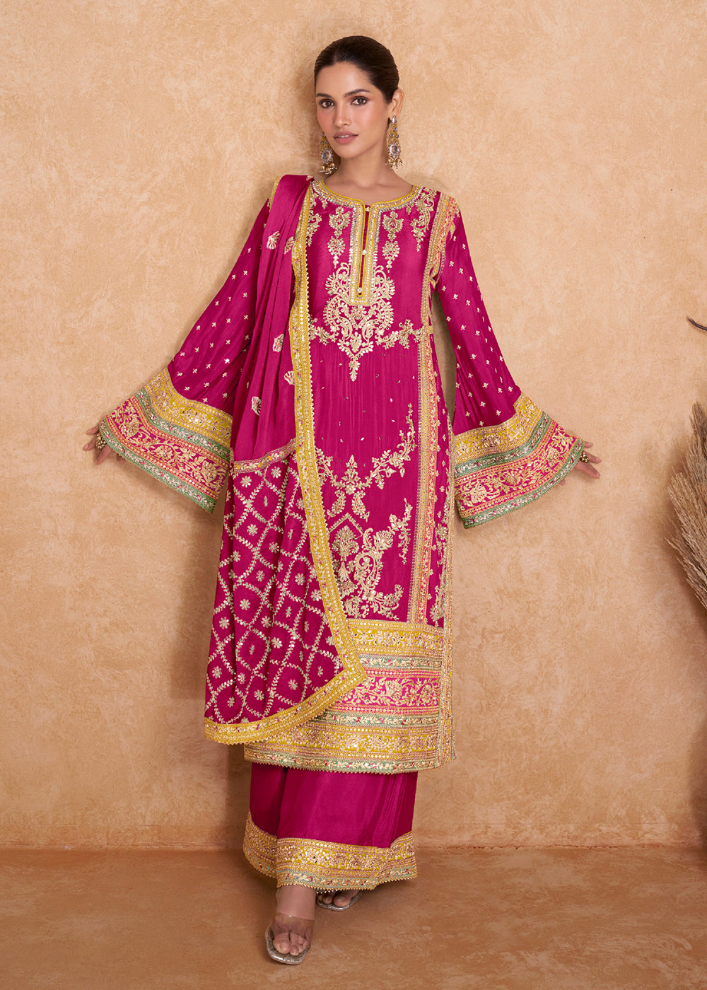 Buy Now Fancy Hot Pink Chinnon Embroidered Designer Palazzo Suit Online in USA, UK, Canada, Germany, Australia & Worldwide at Empress Clothing.