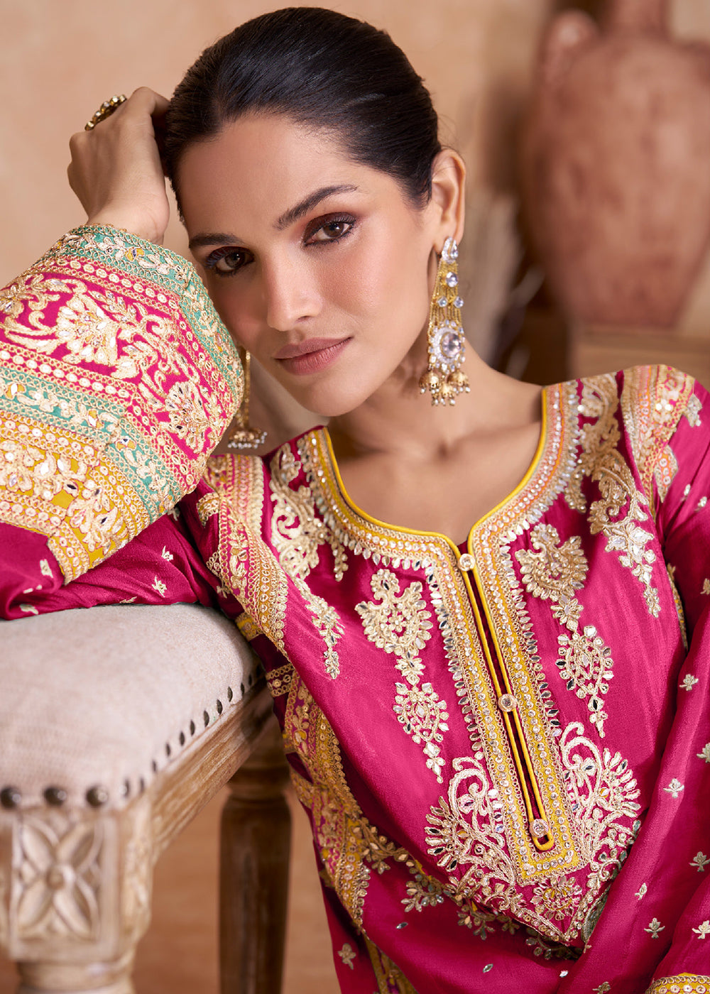 Buy Now Fancy Hot Pink Chinnon Embroidered Designer Palazzo Suit Online in USA, UK, Canada, Germany, Australia & Worldwide at Empress Clothing.