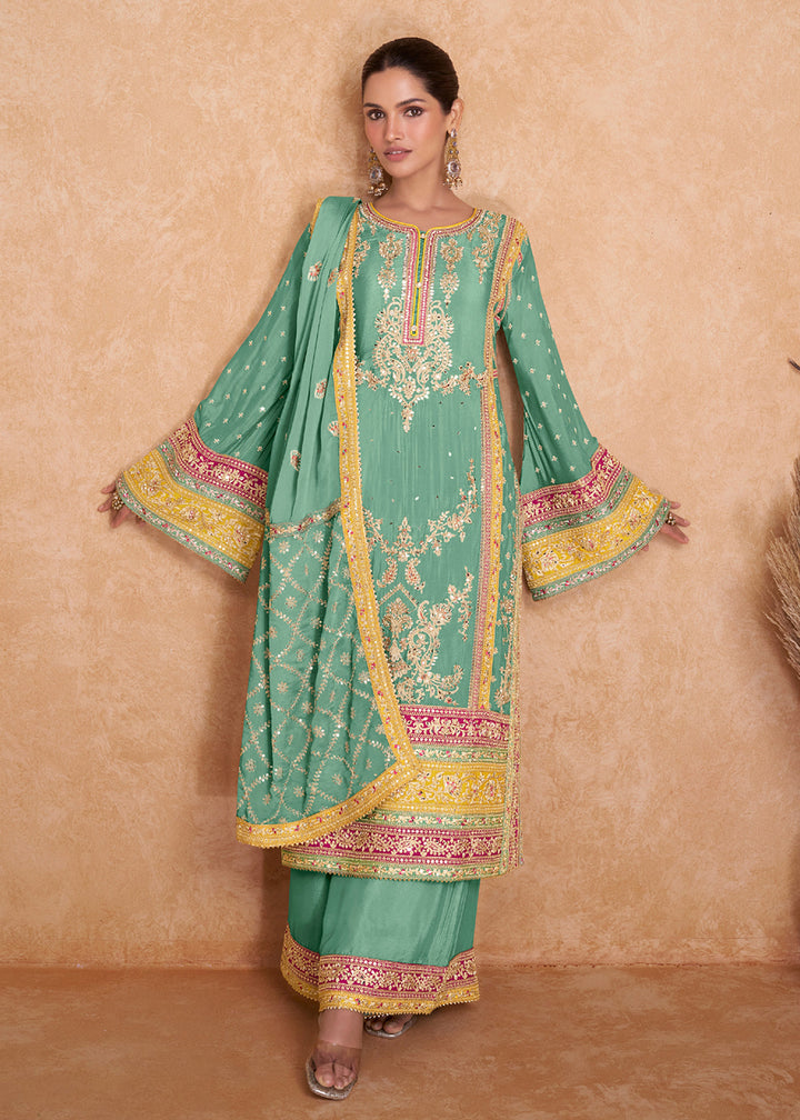 Buy Now Fancy Aqua Green Chinnon Embroidered Designer Palazzo Suit Online in USA, UK, Canada, Germany, Australia & Worldwide at Empress Clothing.