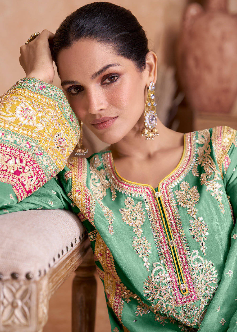 Buy Now Fancy Aqua Green Chinnon Embroidered Designer Palazzo Suit Online in USA, UK, Canada, Germany, Australia & Worldwide at Empress Clothing.