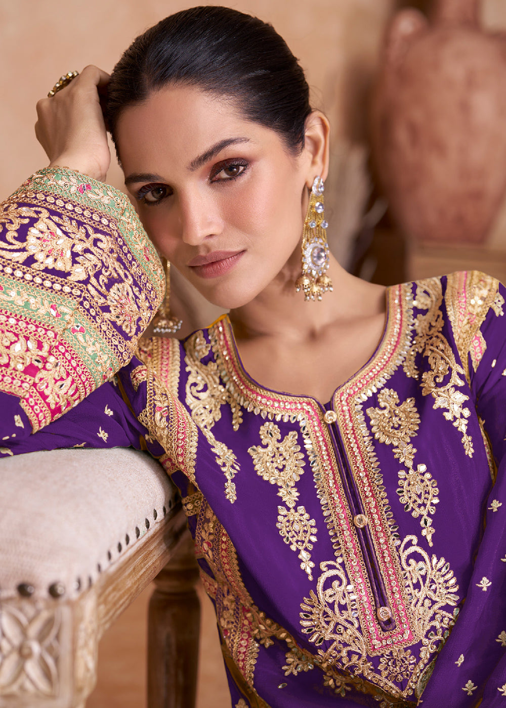 Buy Now Fancy Dark Purple Chinnon Embroidered Designer Palazzo Suit Online in USA, UK, Canada, Germany, Australia & Worldwide at Empress Clothing. 