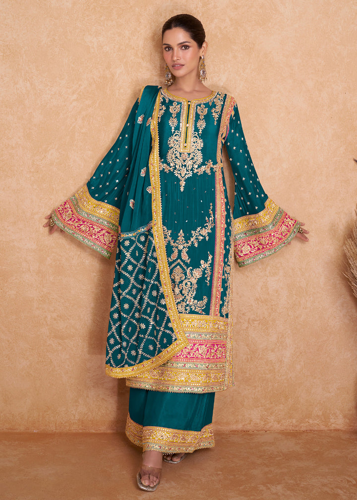 Buy Now Fancy Teal Green Chinnon Embroidered Designer Palazzo Suit Online in USA, UK, Canada, Germany, Australia & Worldwide at Empress Clothing. 
