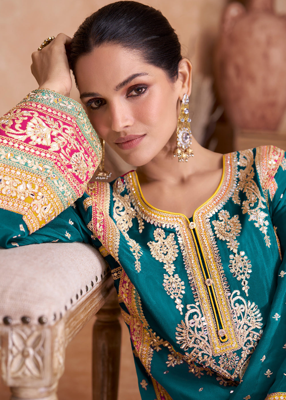 Buy Now Fancy Teal Green Chinnon Embroidered Designer Palazzo Suit Online in USA, UK, Canada, Germany, Australia & Worldwide at Empress Clothing. 