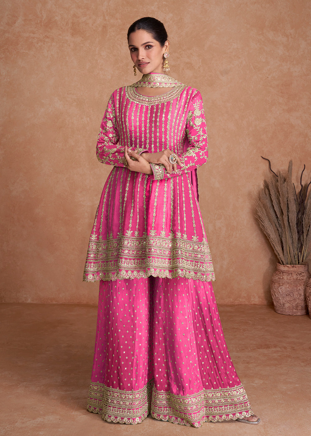 Shop Now Traditional Pink Embroidered Wedding & Reception Wear Gharara Suit Online at Empress Clothing in USA, UK, Canada, Italy & Worldwide.