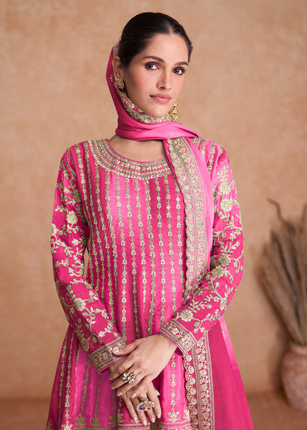 Shop Now Traditional Pink Embroidered Wedding & Reception Wear Gharara Suit Online at Empress Clothing in USA, UK, Canada, Italy & Worldwide.