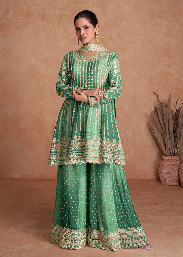 Shop Now Traditional Green Embroidered Wedding & Reception Wear Gharara Suit Online at Empress Clothing in USA, UK, Canada, Italy & Worldwide. 