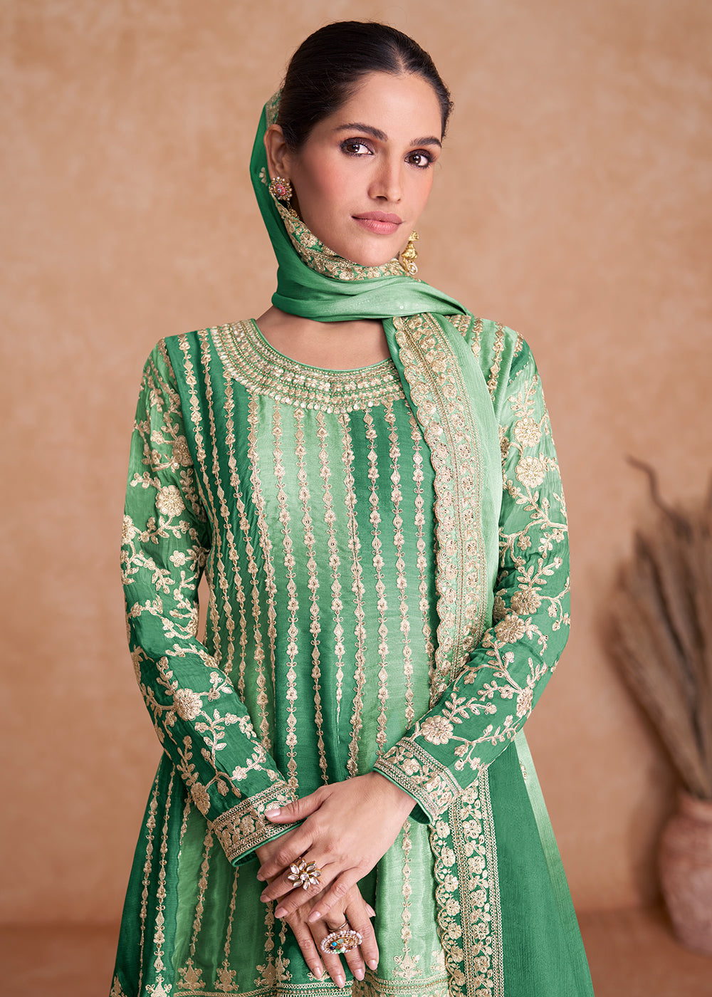 Shop Now Traditional Green Embroidered Wedding & Reception Wear Gharara Suit Online at Empress Clothing in USA, UK, Canada, Italy & Worldwide. 