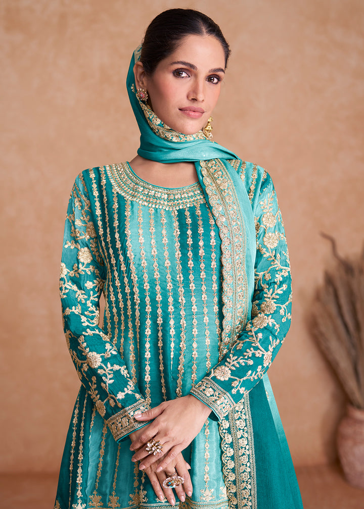 Shop Now Traditional Blue Embroidered Wedding & Reception Wear Gharara Suit Online at Empress Clothing in USA, UK, Canada, Italy & Worldwide.