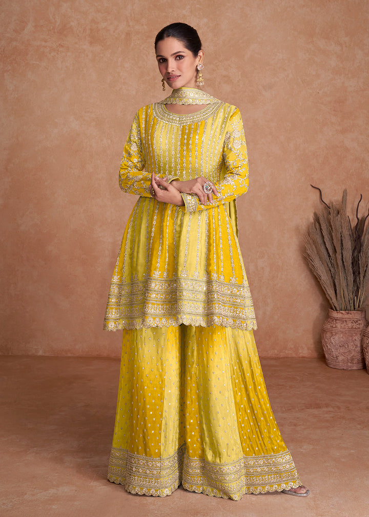 Shop Now Traditional Yellow Embroidered Wedding & Reception Wear Gharara Suit Online at Empress Clothing in USA, UK, Canada, Italy & Worldwide. 