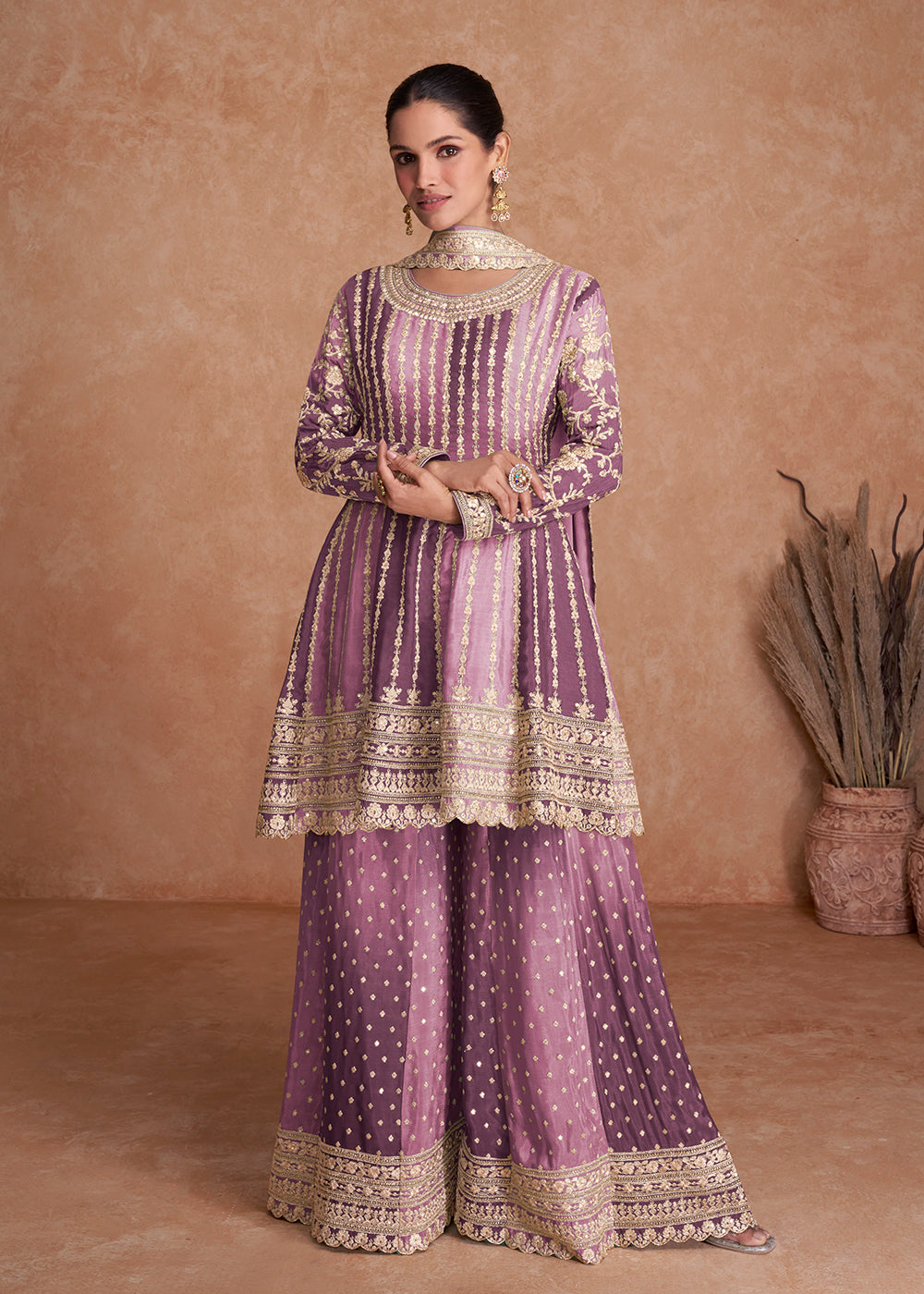 Shop Now Traditional Purple Embroidered Wedding & Reception Wear Gharara Suit Online at Empress Clothing in USA, UK, Canada, Italy & Worldwide.