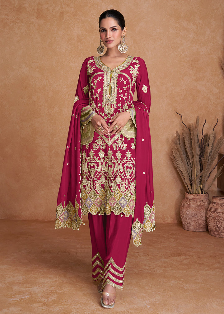 Buy Now Hot Pink Chinnon Fabric Embroidered Designer Salwar Suit Online in USA, UK, Canada, Germany, Australia & Worldwide at Empress Clothing. 