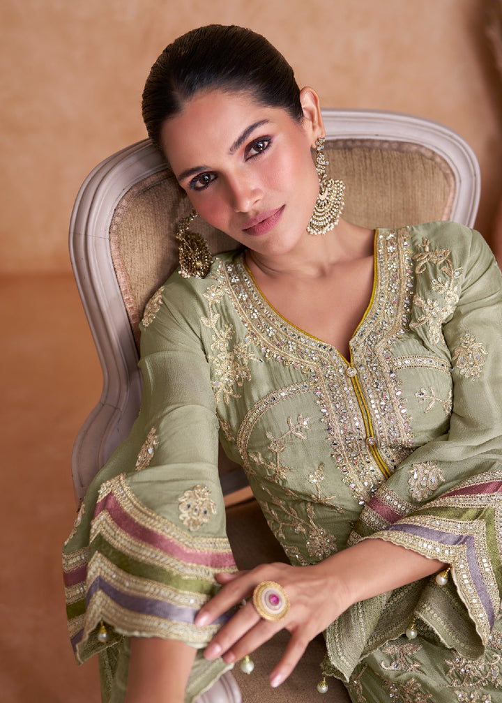 Buy Now Pastel Green Chinnon Fabric Embroidered Designer Salwar Suit Online in USA, UK, Canada, Germany, Australia & Worldwide at Empress Clothing.
