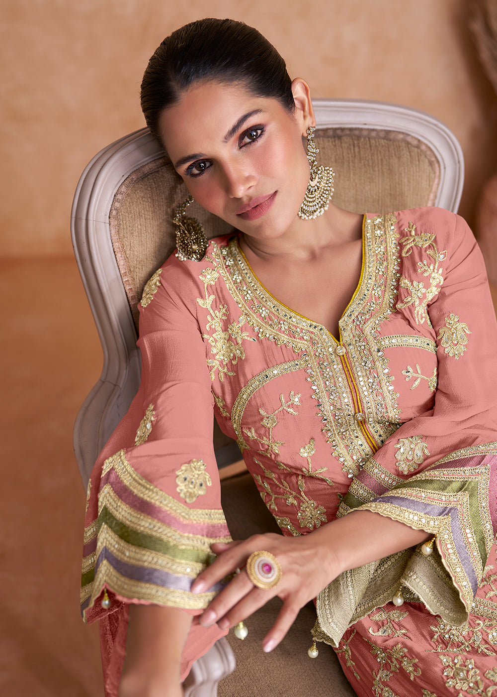 Buy Now Peach Chinnon Fabric Embroidered Designer Salwar Suit Online in USA, UK, Canada, Germany, Australia & Worldwide at Empress Clothing. 