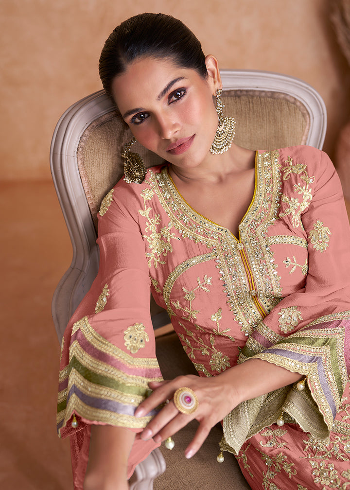 Buy Now Peach Chinnon Fabric Embroidered Designer Salwar Suit Online in USA, UK, Canada, Germany, Australia & Worldwide at Empress Clothing. 