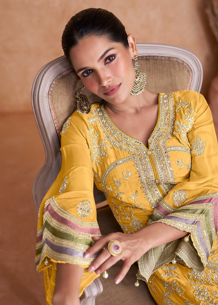 Buy Now Yellow Chinnon Fabric Embroidered Designer Salwar Suit Online in USA, UK, Canada, Germany, Australia & Worldwide at Empress Clothing. 