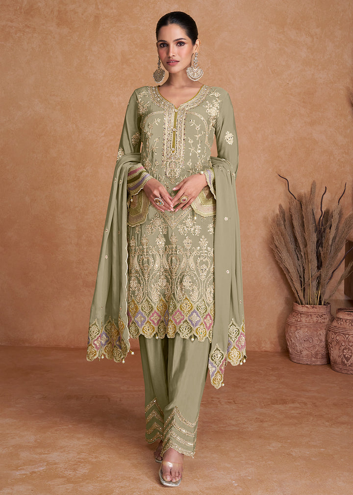 Buy Now Pastel Green Chinnon Fabric Embroidered Designer Salwar Suit Online in USA, UK, Canada, Germany, Australia & Worldwide at Empress Clothing. 