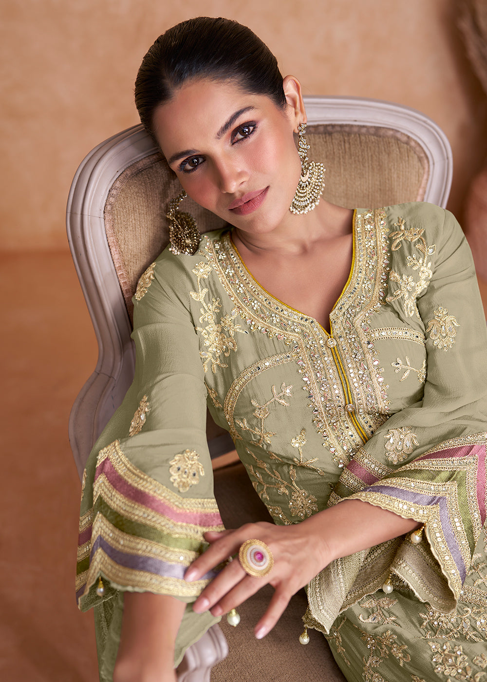 Buy Now Pastel Green Chinnon Fabric Embroidered Designer Salwar Suit Online in USA, UK, Canada, Germany, Australia & Worldwide at Empress Clothing. 