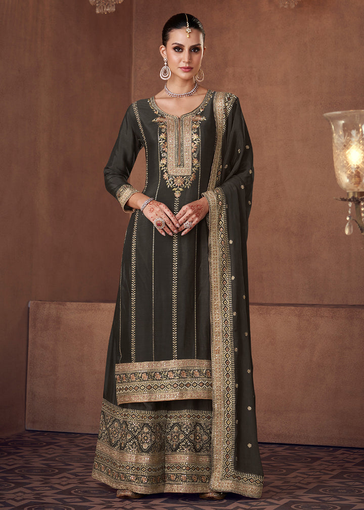 Shop Now Gorgeous Black Real Chinnon Embroidered Designer Sharara Suit Online at Empress Clothing in USA, UK, Canada, Italy & Worldwide.