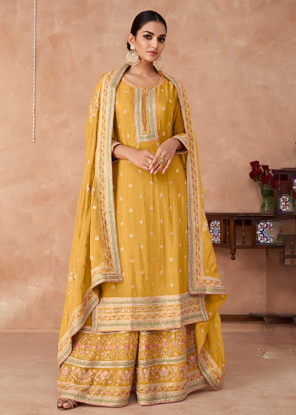 Shop Now Gorgeous Yellow Real Chinnon Embroidered Designer Sharara Suit Online at Empress Clothing in USA, UK, Canada, Italy & Worldwide. 