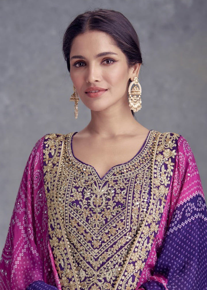 Buy Now Purple Embroidered Chinnon Wedding Style Palazzo Suit Online in USA, UK, Canada, Germany, Australia & Worldwide at Empress Clothing.