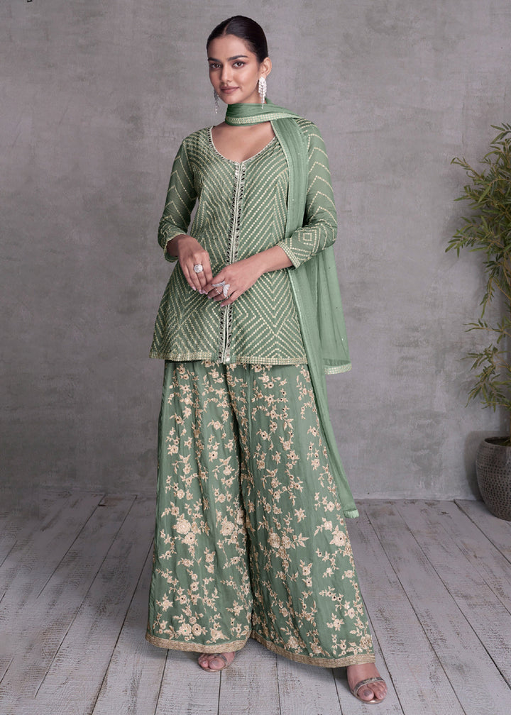 Shop Now Sage Green Embroidered Wedding Festive Sharara Suit Online at Empress Clothing in USA, UK, Canada, Germany, Australia & Worldwide. 