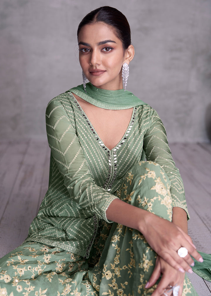 Shop Now Sage Green Embroidered Wedding Festive Sharara Suit Online at Empress Clothing in USA, UK, Canada, Germany, Australia & Worldwide. 