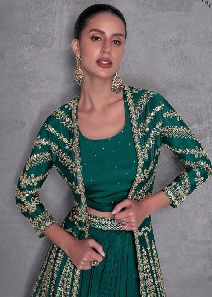 Buy Now Pine Green Embroidered Jacket Style Indo Western Dress Online in USA, UK, Canada, Germany, Australia & Worldwide at Empress Clothing.