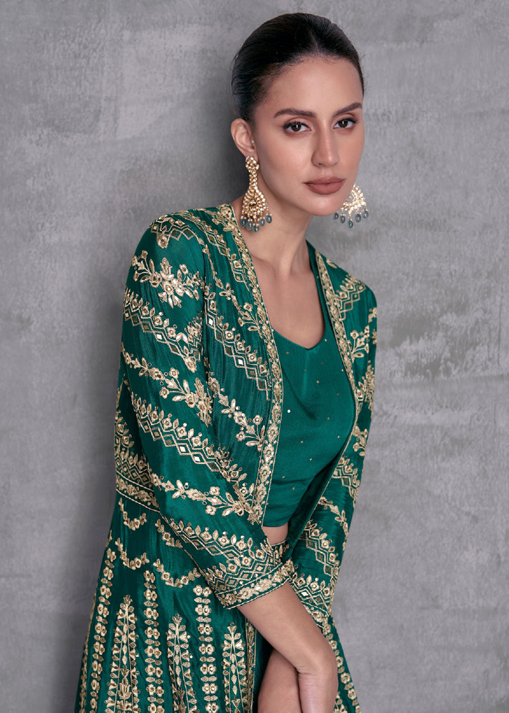 Pine Green Embroidered Jacket Style Indo Western Dress Pine Green Embroidered Jacket Style Indo Western Dress