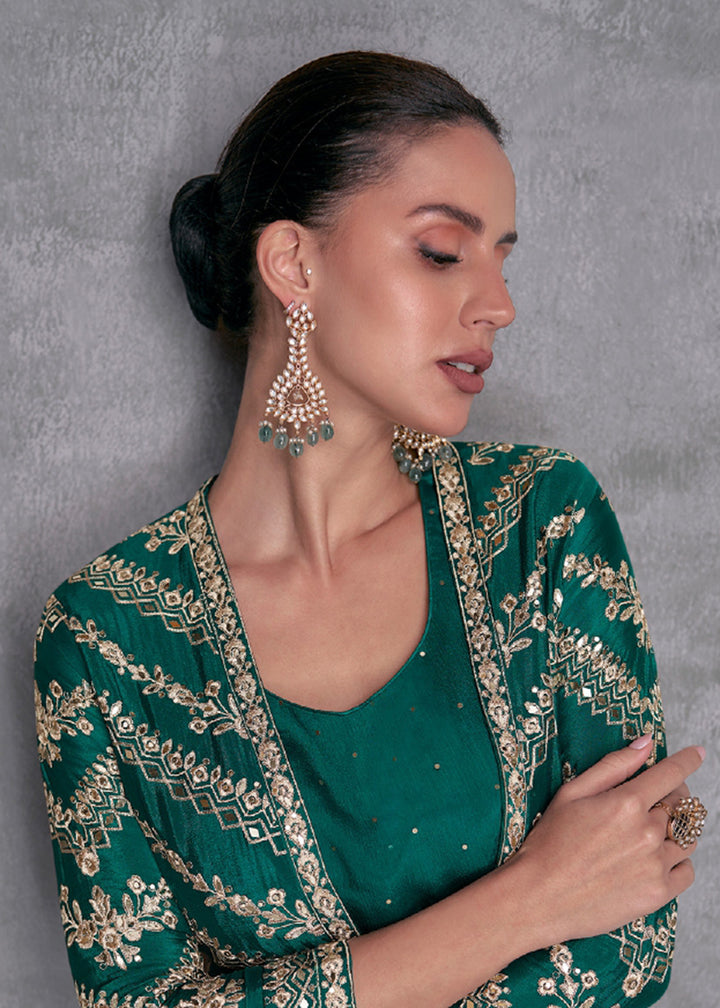 Buy Now Pine Green Embroidered Jacket Style Indo Western Dress Online in USA, UK, Canada, Germany, Australia & Worldwide at Empress Clothing.