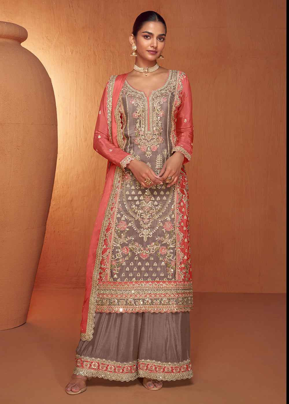 Shop Now Dusty Mauve & Peach Embroidered Wedding Sharara Suit Online at Empress Clothing in USA, UK, Canada, Italy & Worldwide.