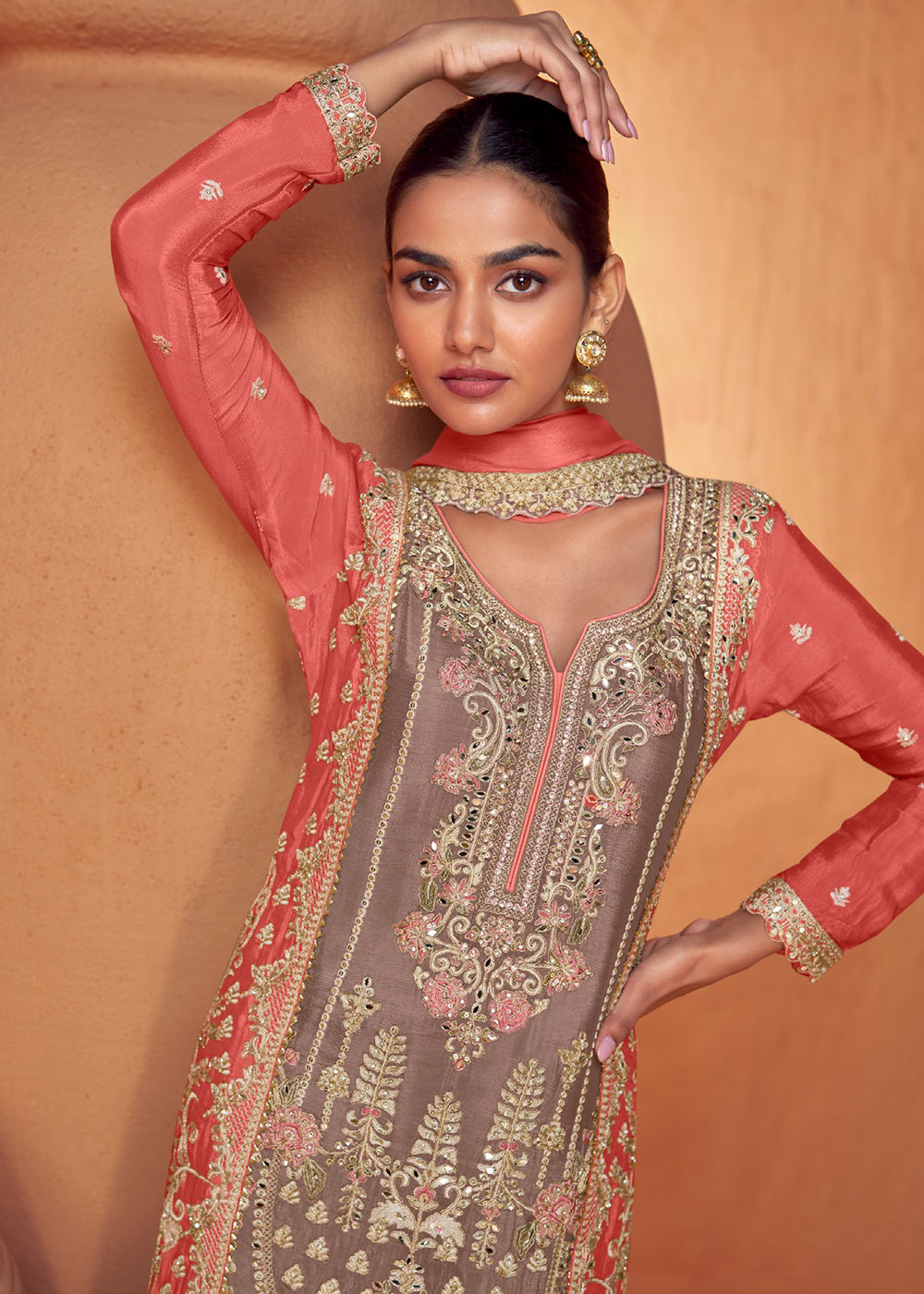 Shop Now Dusty Mauve & Peach Embroidered Wedding Sharara Suit Online at Empress Clothing in USA, UK, Canada, Italy & Worldwide.