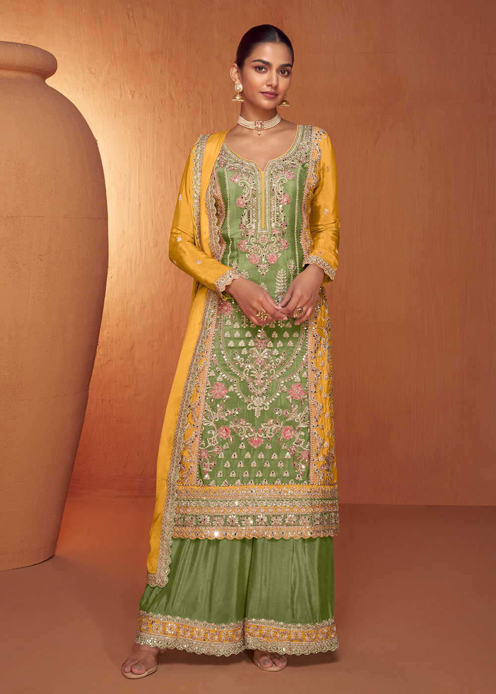 Shop Now Green & Mustard Embroidered Wedding Sharara Suit Online at Empress Clothing in USA, UK, Canada, Italy & Worldwide.