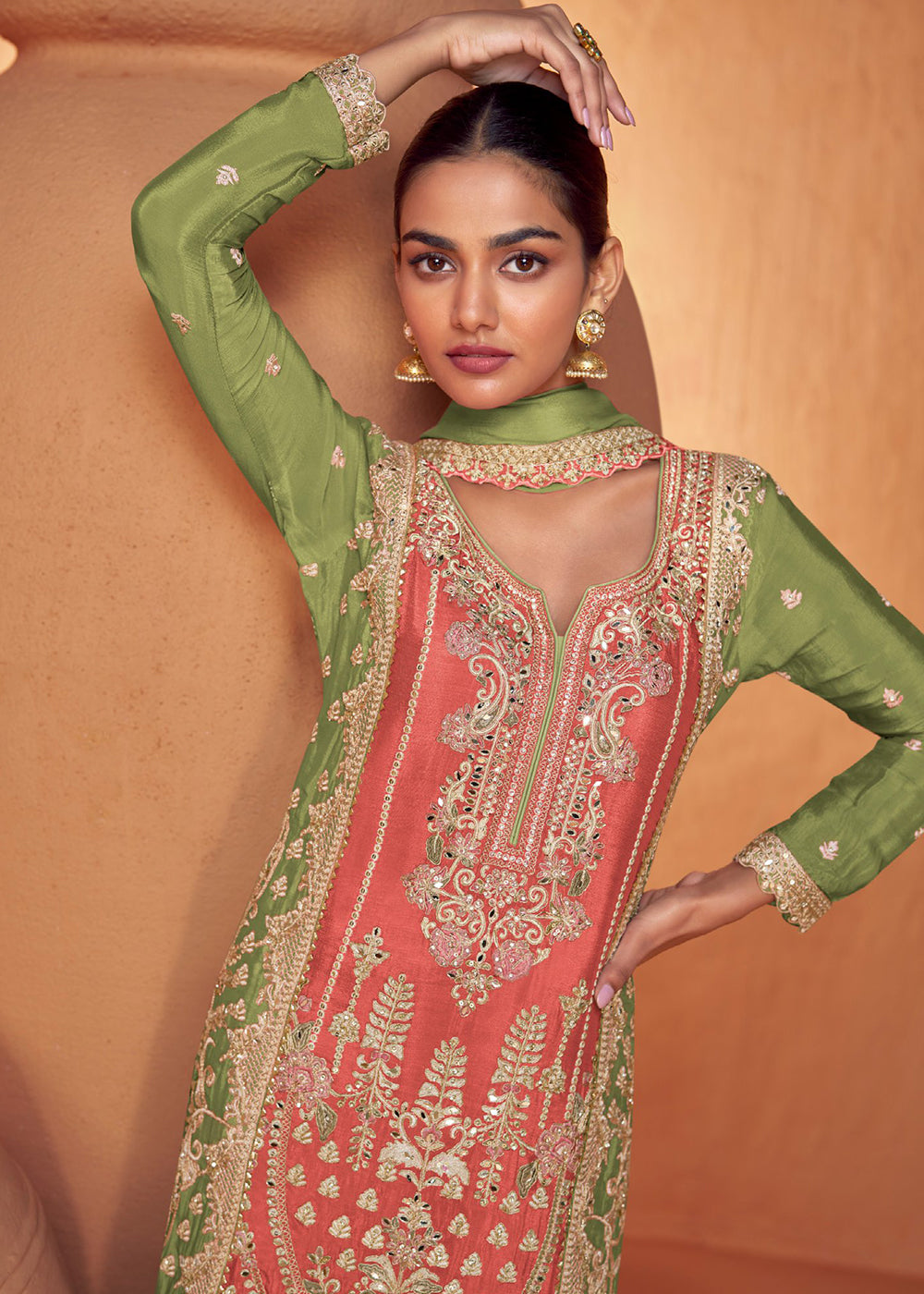 Shop Now Peach & Green Embroidered Wedding Sharara Suit Online at Empress Clothing in USA, UK, Canada, Italy & Worldwide. 
