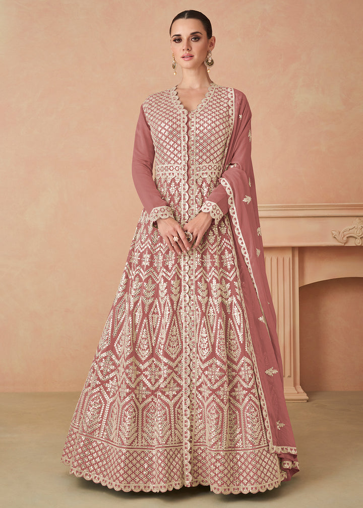Buy Now Rose Pink Georgette Skirt Style Anarkali Gown Online in US, UK, Canada, France, Italy, Sweden, Ireland, UAE, Denmark, Greece & Worldwide at Empress.