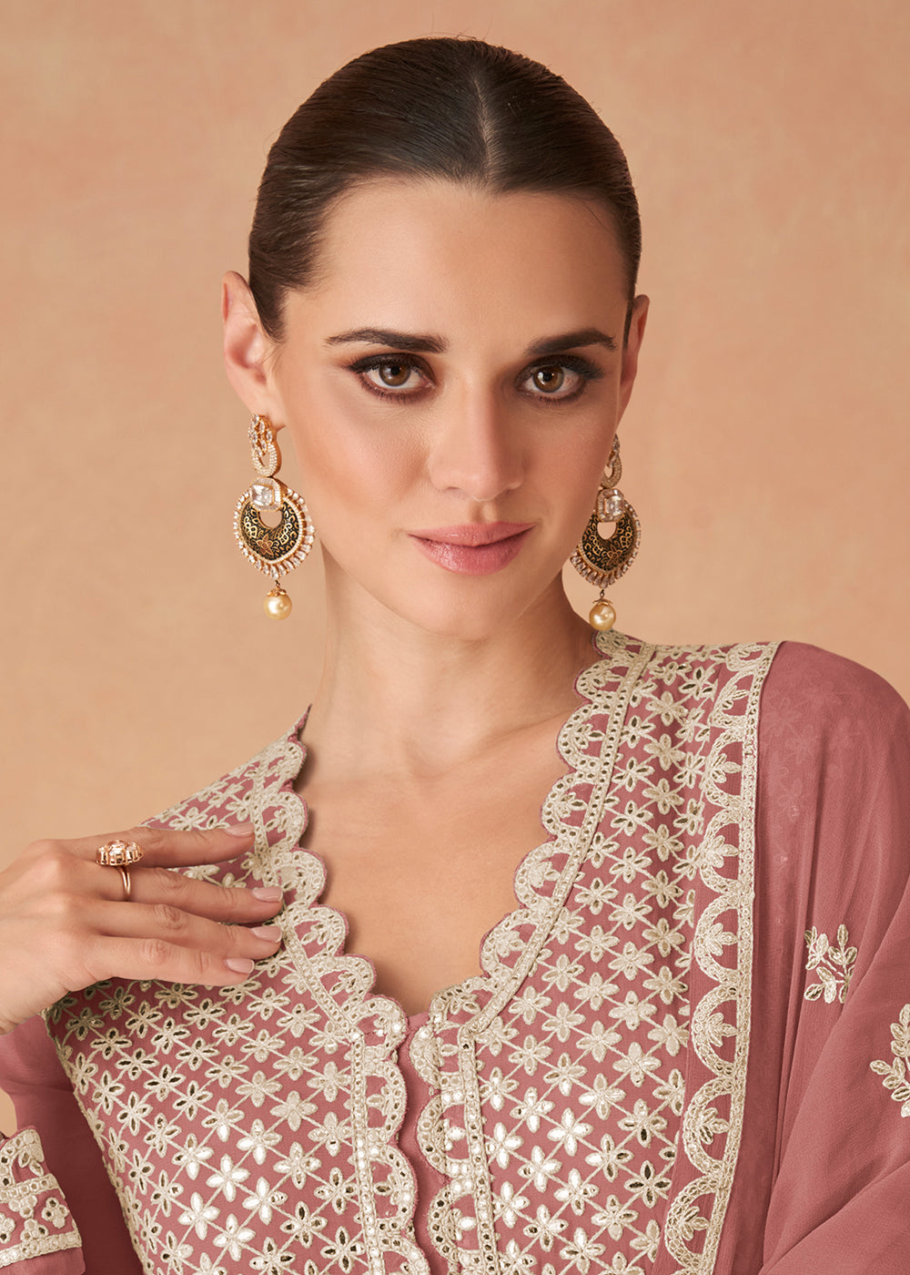 Buy Now Rose Pink Georgette Skirt Style Anarkali Gown Online in US, UK, Canada, France, Italy, Sweden, Ireland, UAE, Denmark, Greece & Worldwide at Empress.