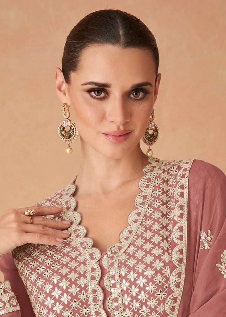 Buy Now Rose Pink Georgette Skirt Style Anarkali Gown Online in US, UK, Canada, France, Italy, Sweden, Ireland, UAE, Denmark, Greece & Worldwide at Empress.